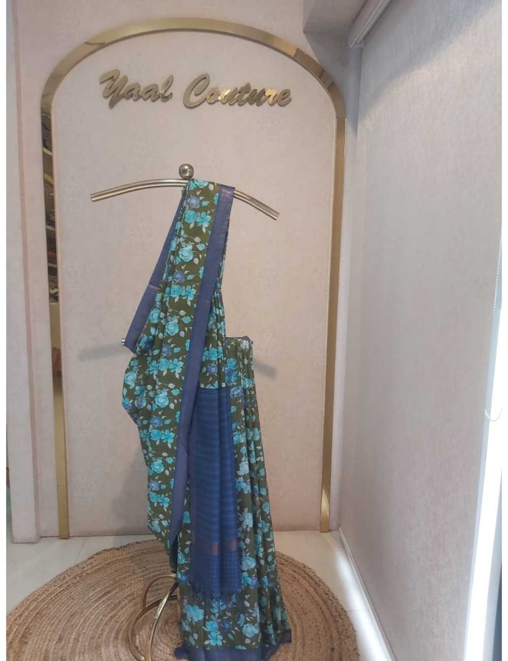Saptal Olive Green & Blue Elegant Saree
