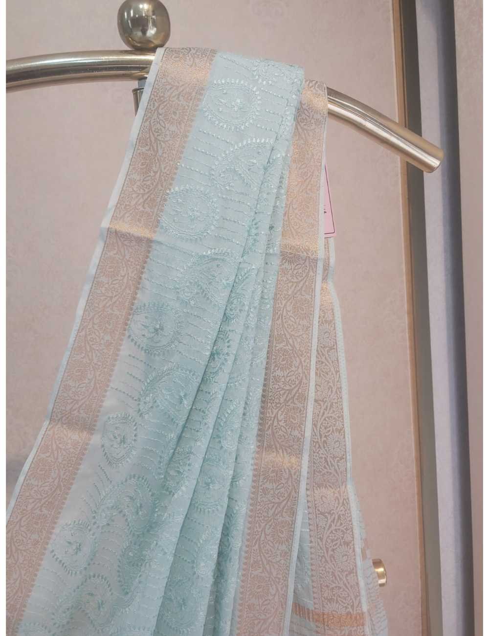 Elegant Sky Blue Chiffon Saree with Machine Embroidery