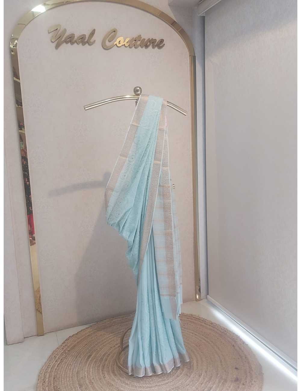 Elegant Sky Blue Chiffon Saree with Machine Embroidery