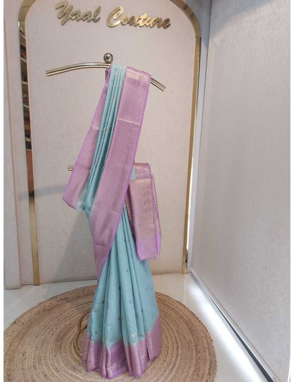 Crape Checks with  Green Motifs And Lavender Border