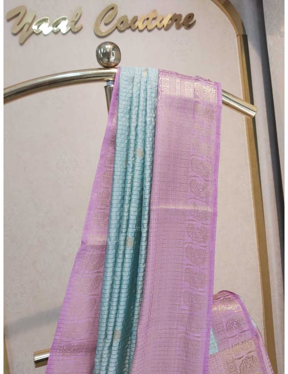 Crape Checks with  Green Motifs And Lavender Border