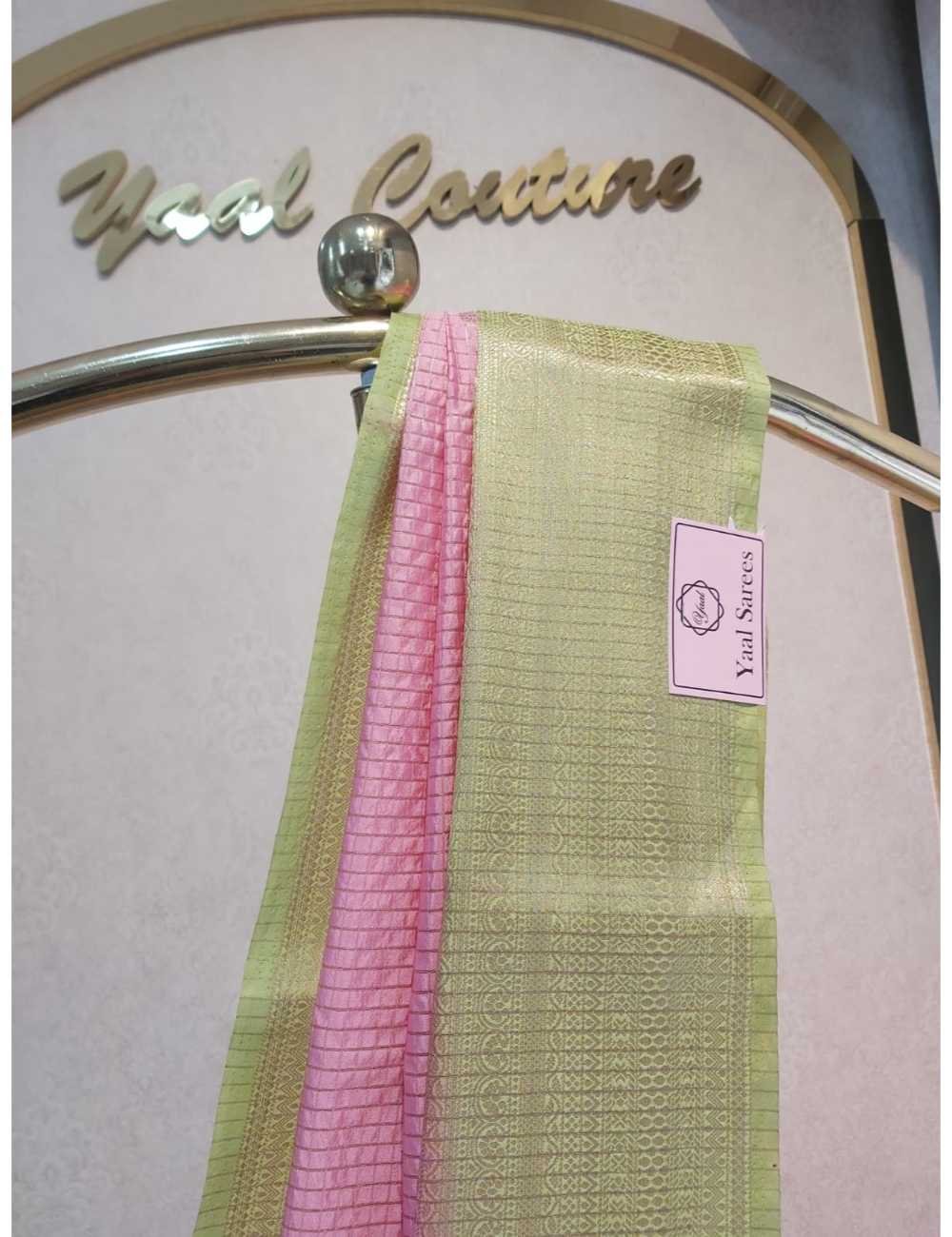 Crape Checks Saree with Motifs Pink And Light Green Border