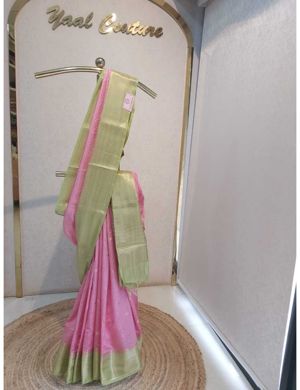 Crape Checks Saree with Motifs Pink And Light Green Border