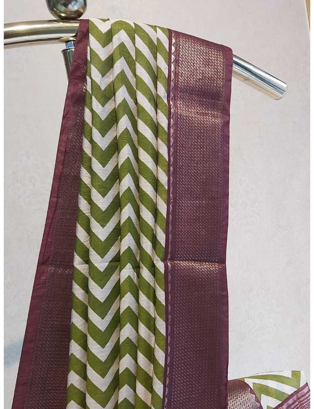 Dola Silk with Zig Zag in Green And Wine Border