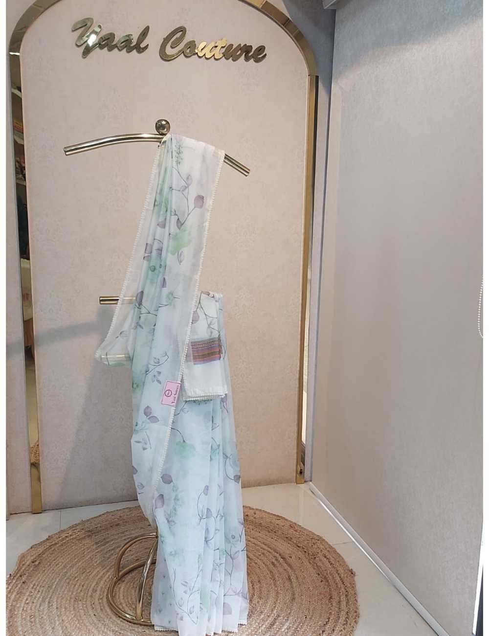 Kota Silk  with Crochet Borderin  Floral Prints White And Green