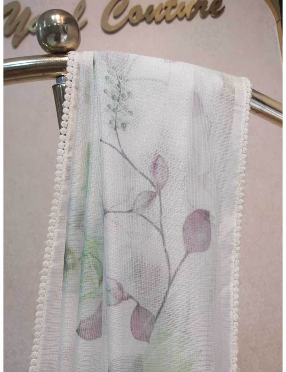 Kota Silk  with Crochet Borderin  Floral Prints White And Green