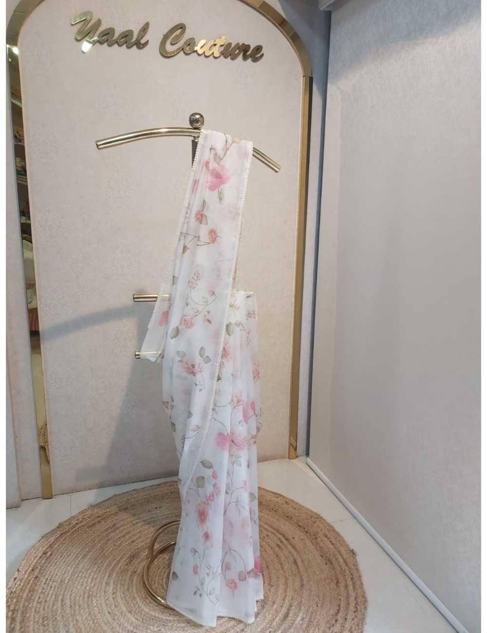 Kota Silk with Crochet Border And Floral Prints in White And Peach