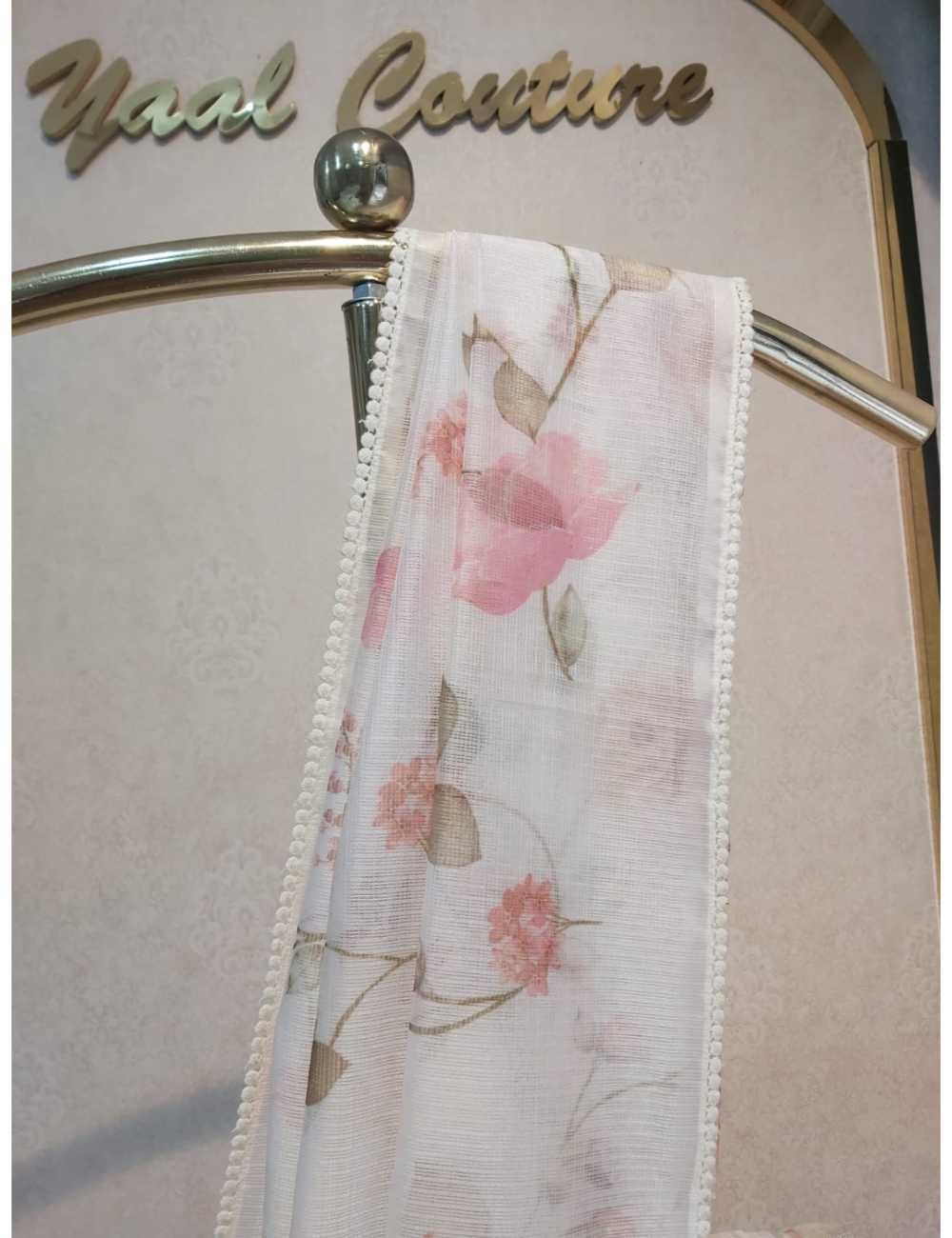 Kota Silk with Crochet Border And Floral Prints in White And Peach