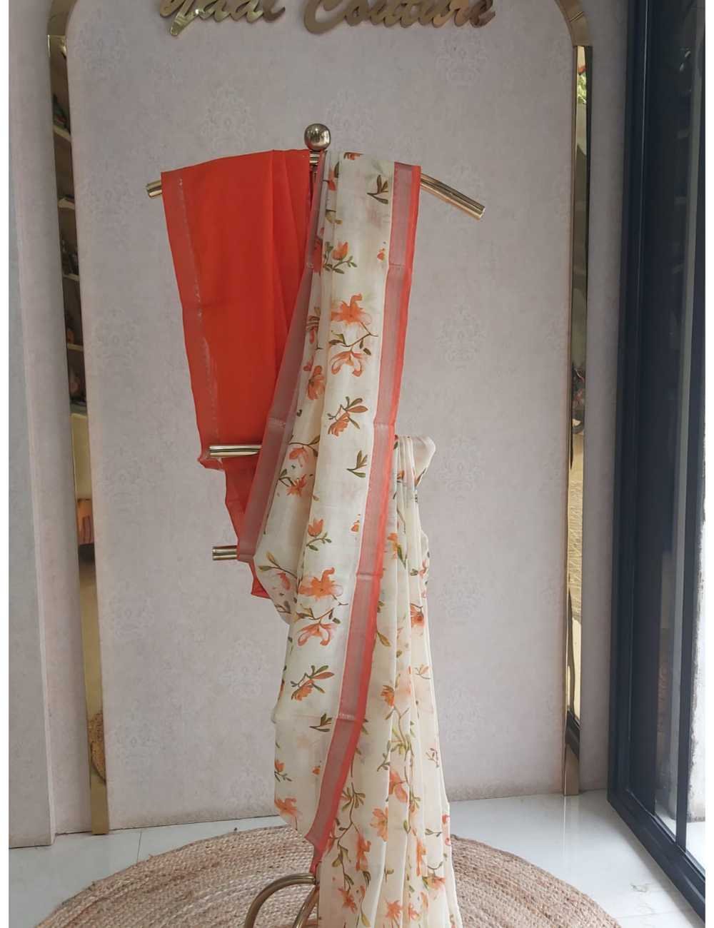 Mangalgiri with Digital Print in Peach with Orange Border