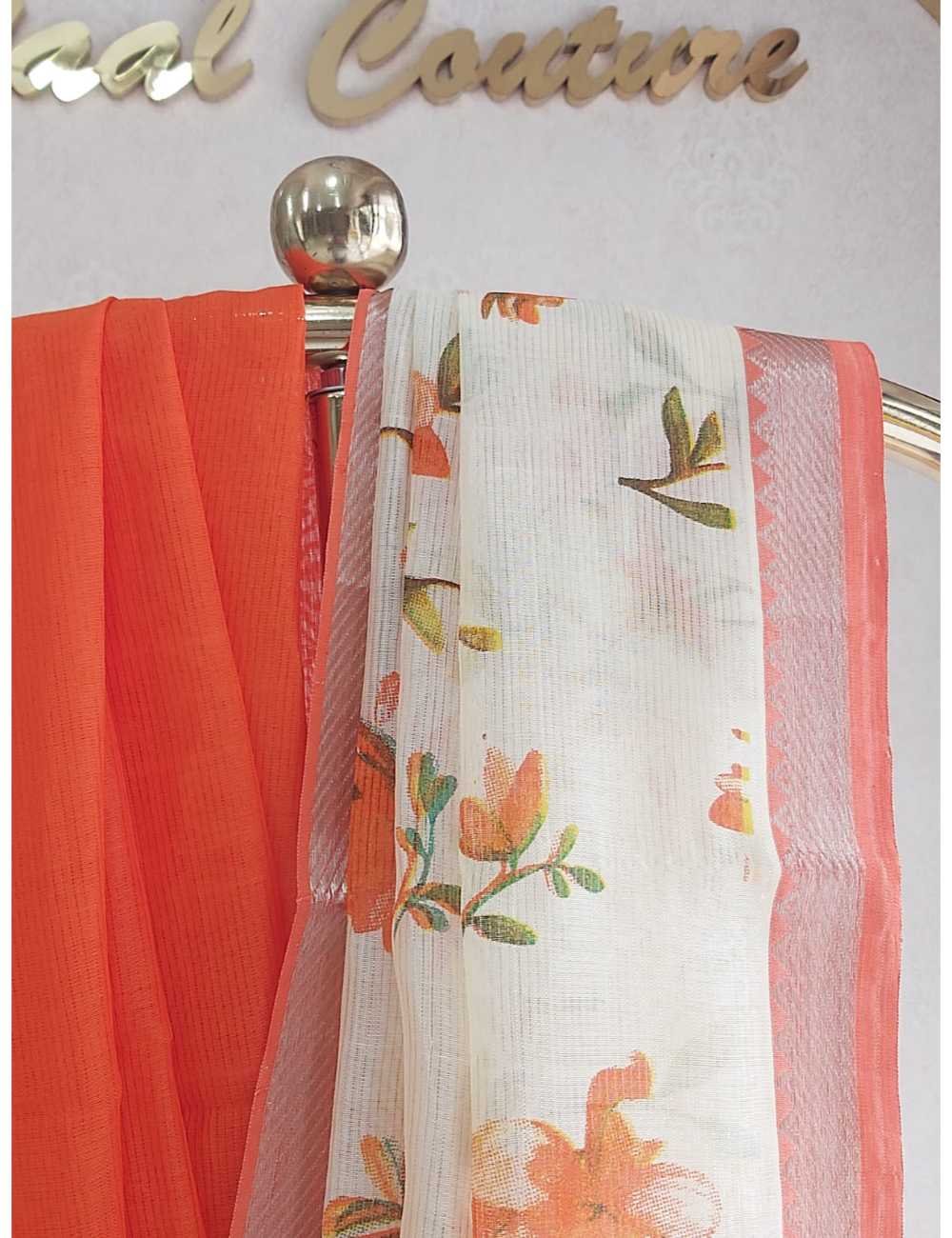Mangalgiri with Digital Print in Peach with Orange Border