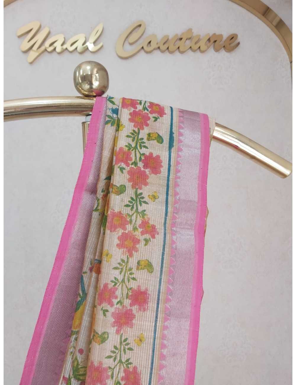 Mangalgiri  with Digital Print in Sandal  with Pink Border