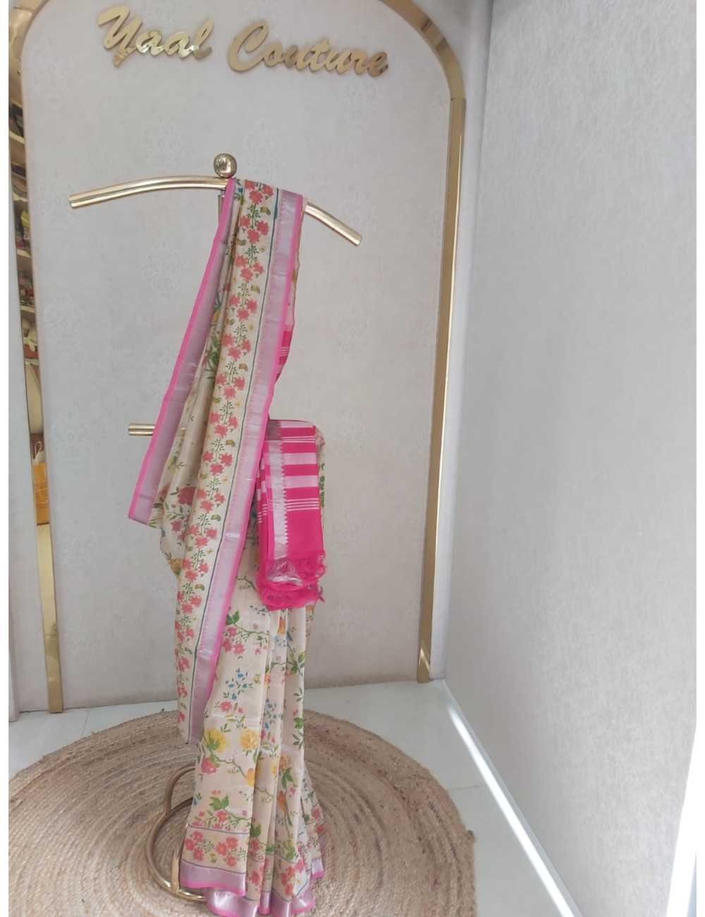 Mangalgiri  with Digital Print in Sandal  with Pink Border