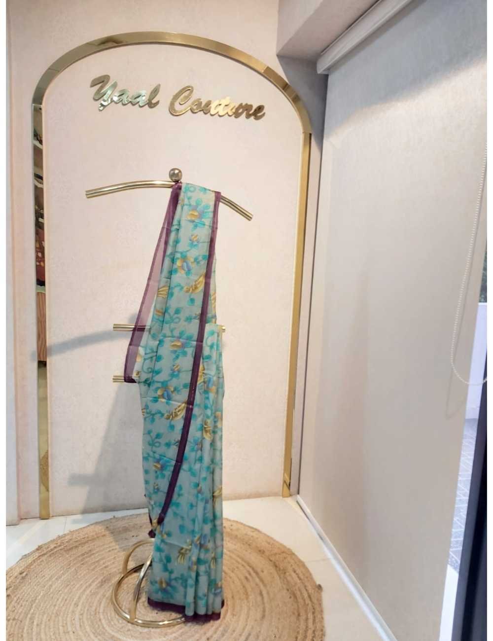 Crepe Organza in Teal Grey And Violet Border