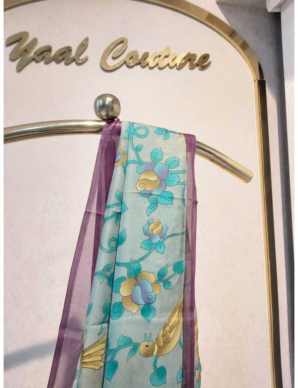 Crepe Organza in Teal Grey And Violet Border