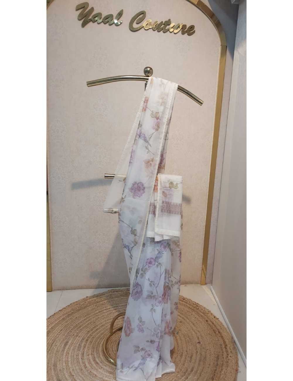 Kota Silk  with Crochet Border  in White And Lavender Floral Prints