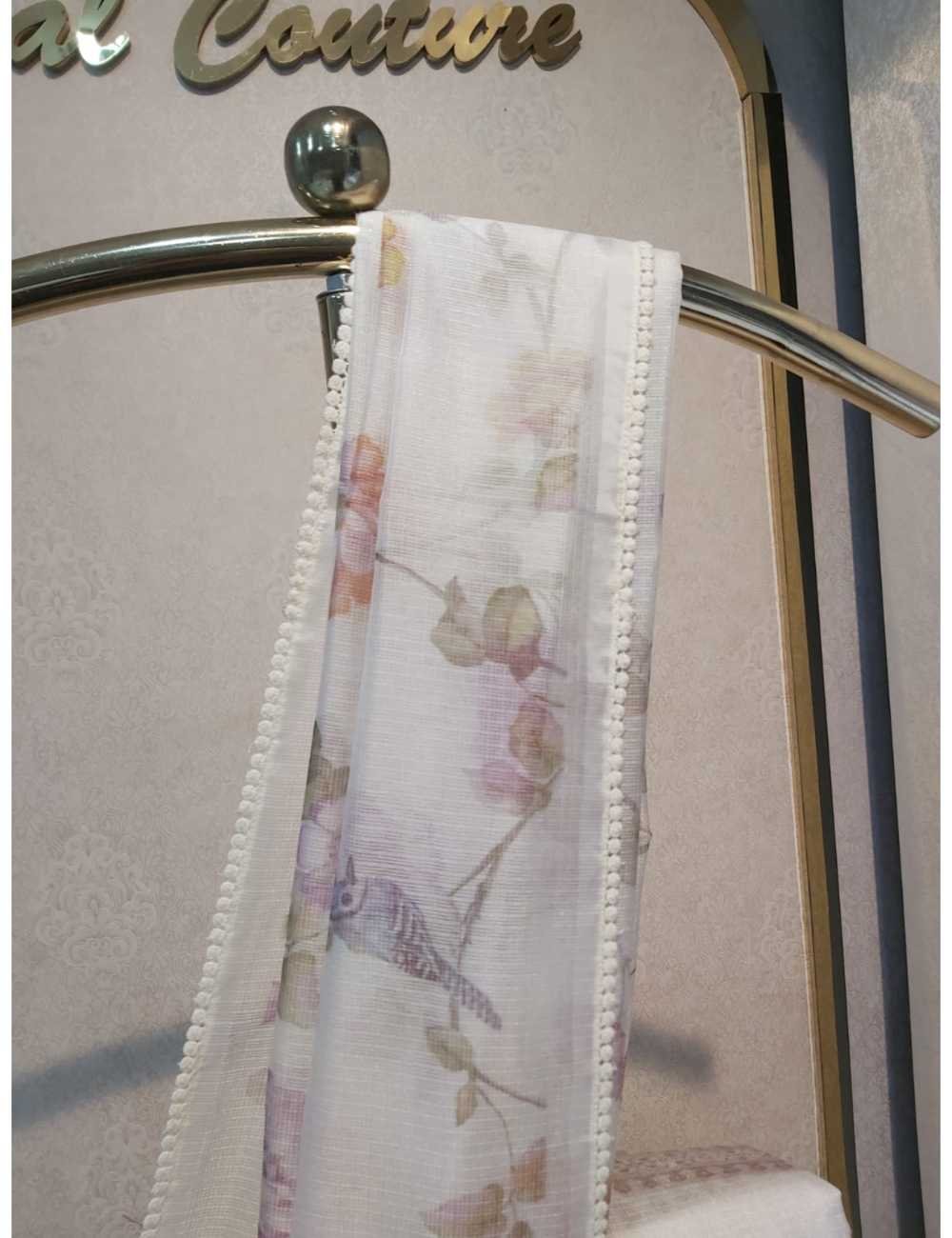 Kota Silk  with Crochet Border  in White And Lavender Floral Prints