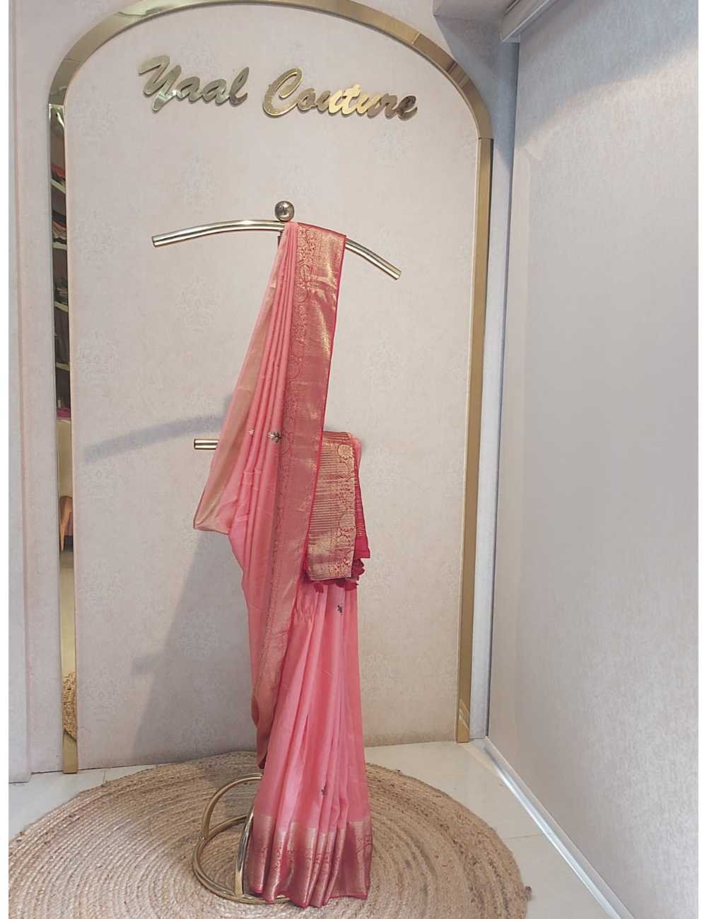 Semi Tassar Embroidery In Peach and Red