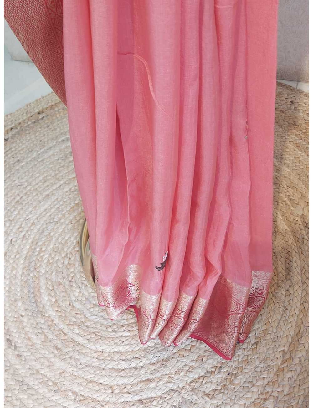 Semi Tassar Embroidery In Peach and Red