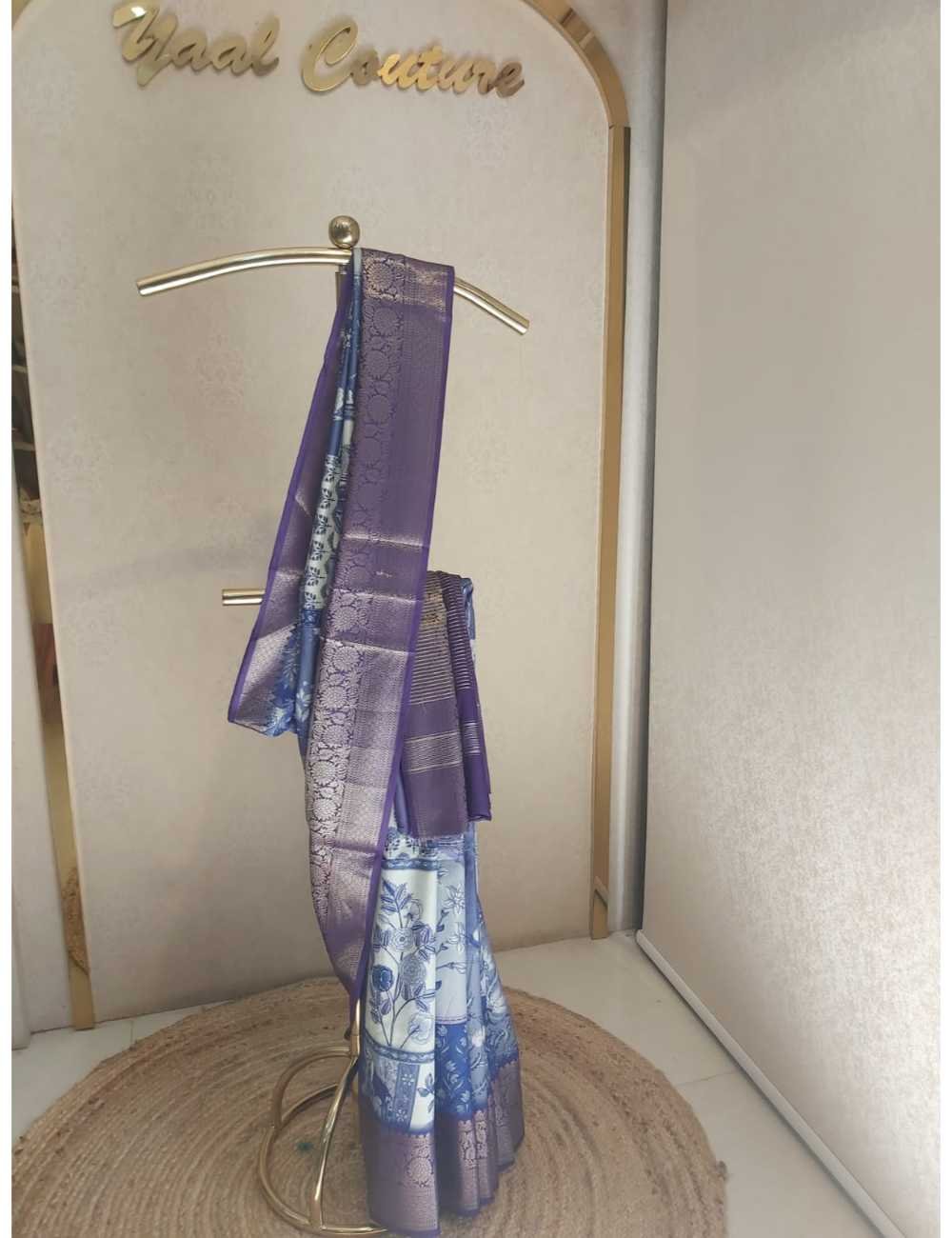 Semi Tassar Print with Indigo Zari Border