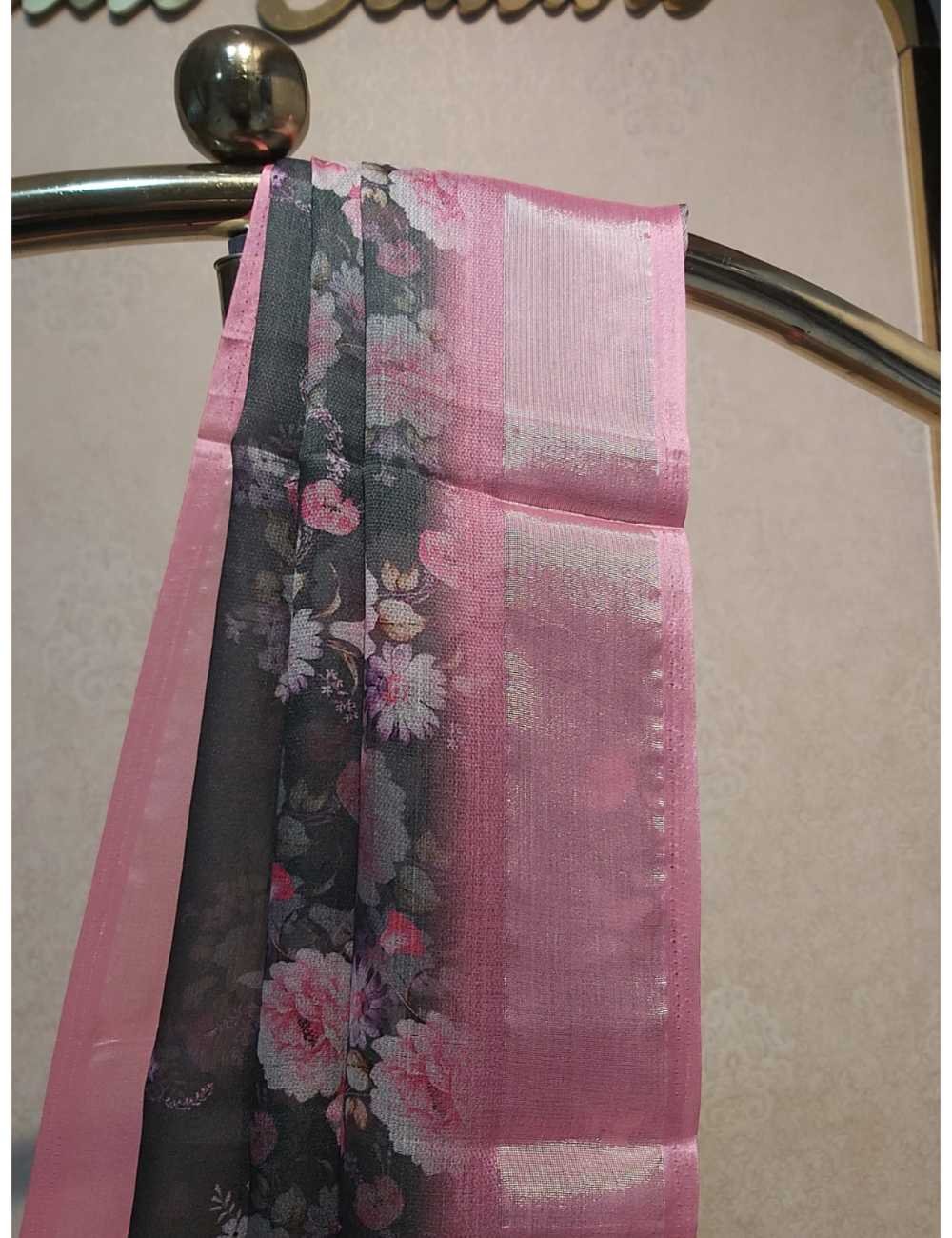 Semi Organza  Floral Print with Pink Border