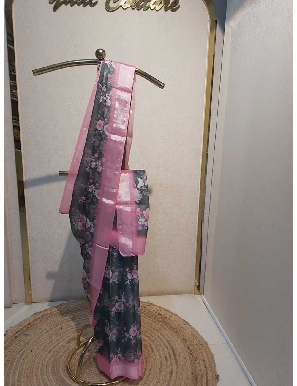 Semi Organza  Floral Print with Pink Border