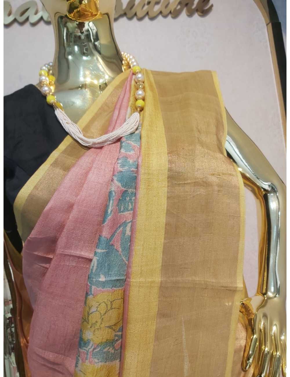 Peach Tassar Hand Block Print  with Yellow Border