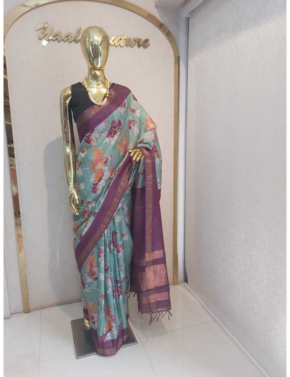 Teal Green Tassar Hand Block Print  with Purple Border