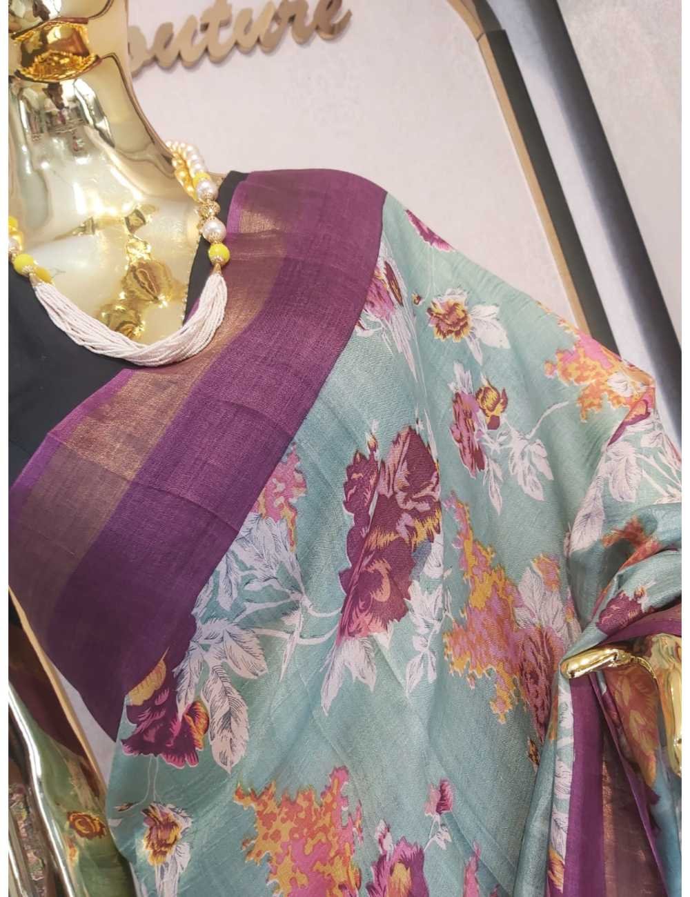 Teal Green Tassar Hand Block Print  with Purple Border