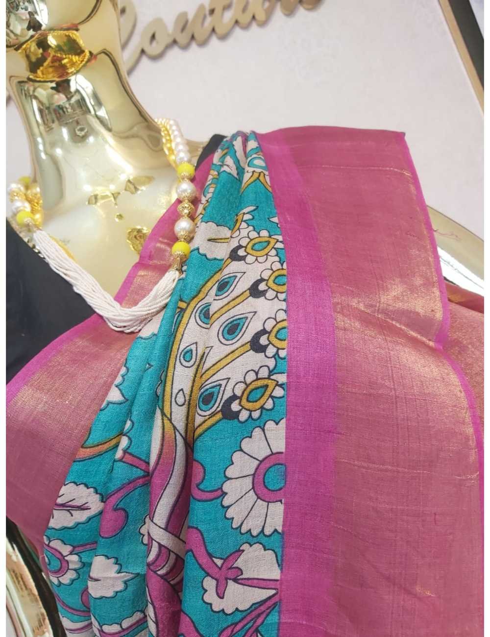 Blue Tassar Saree Kalamkari Print and pink Zari Border
