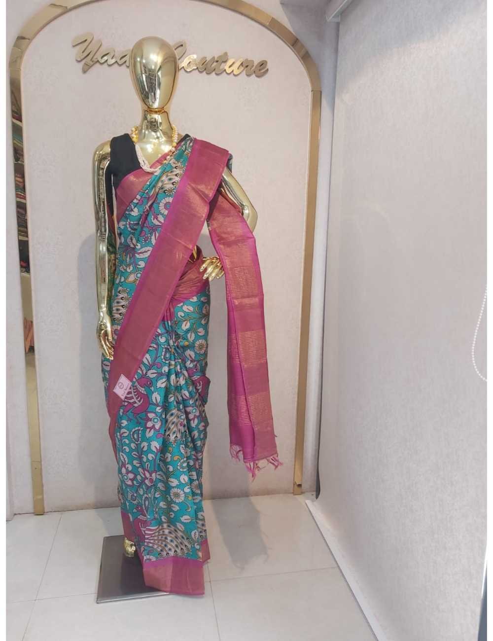 Blue Tassar Saree Kalamkari Print and pink Zari Border