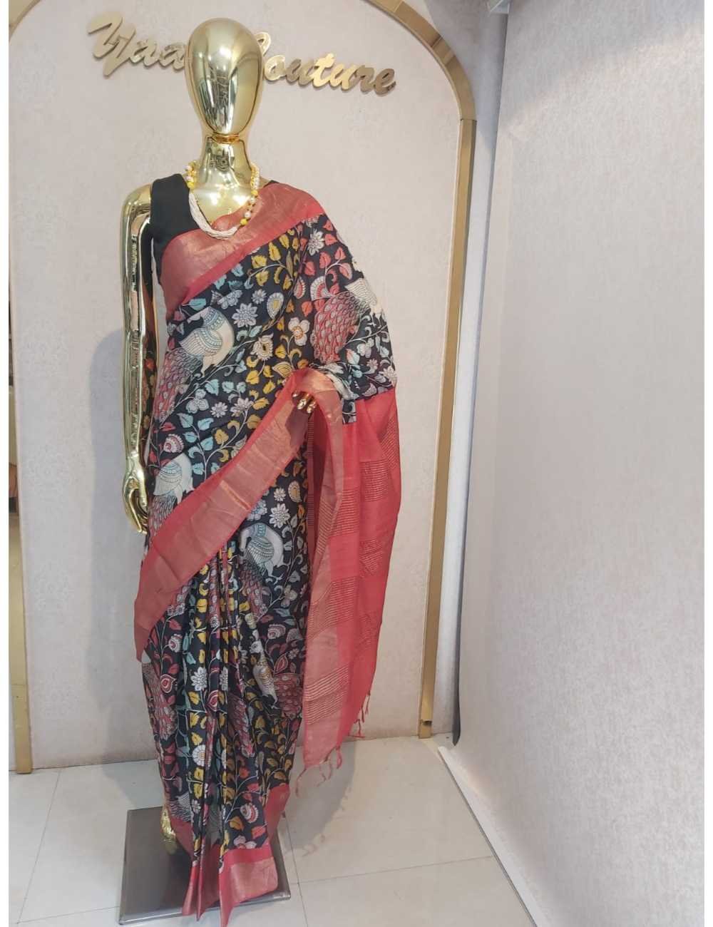 Black Tassar Kalamkari Print and Red Zari Border