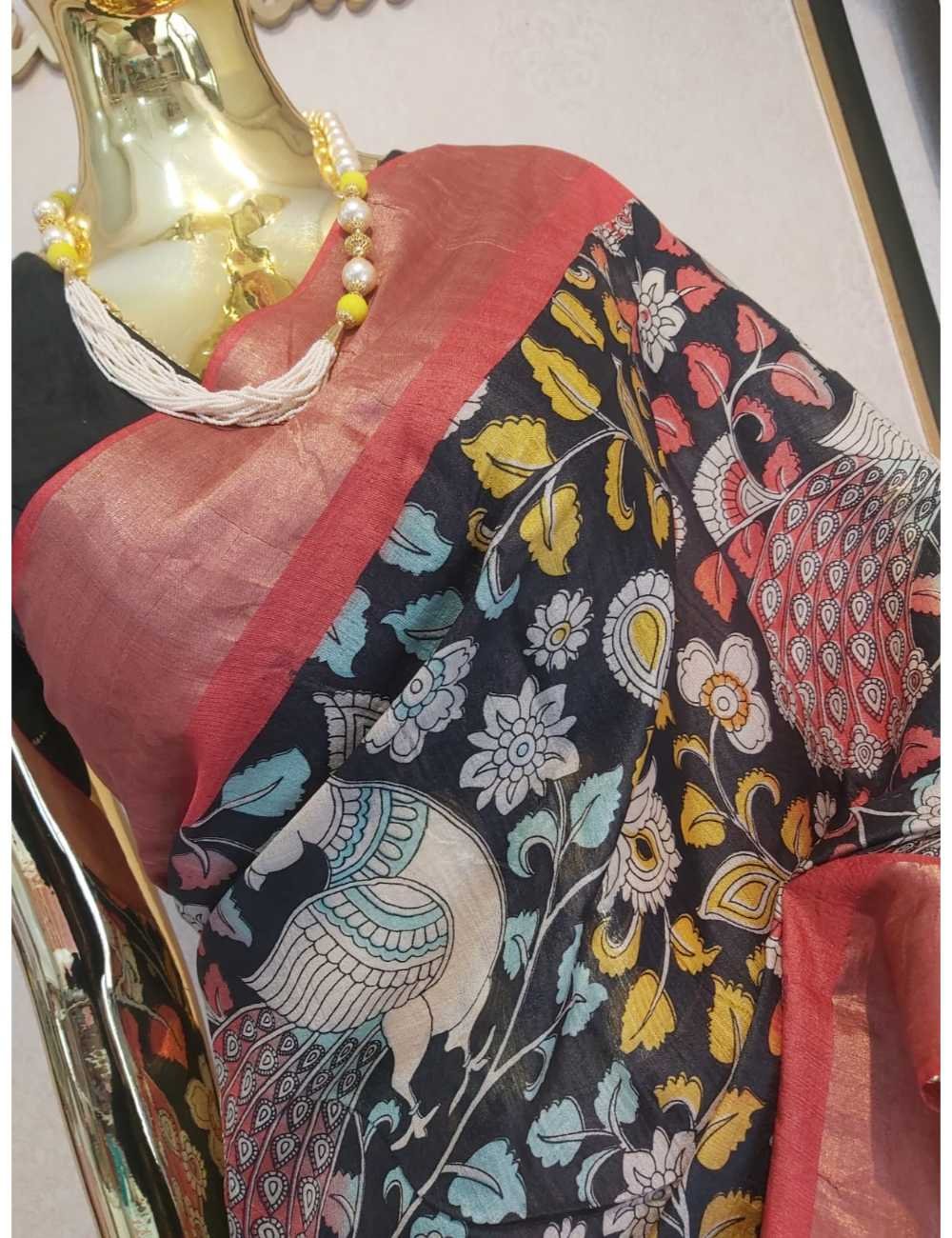 Black Tassar Kalamkari Print and Red Zari Border