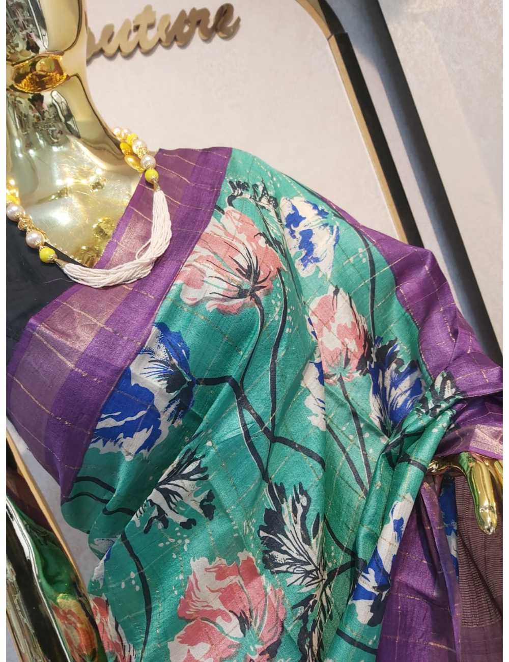 Cool Green Floral Print Tassar with Purple Zari Border