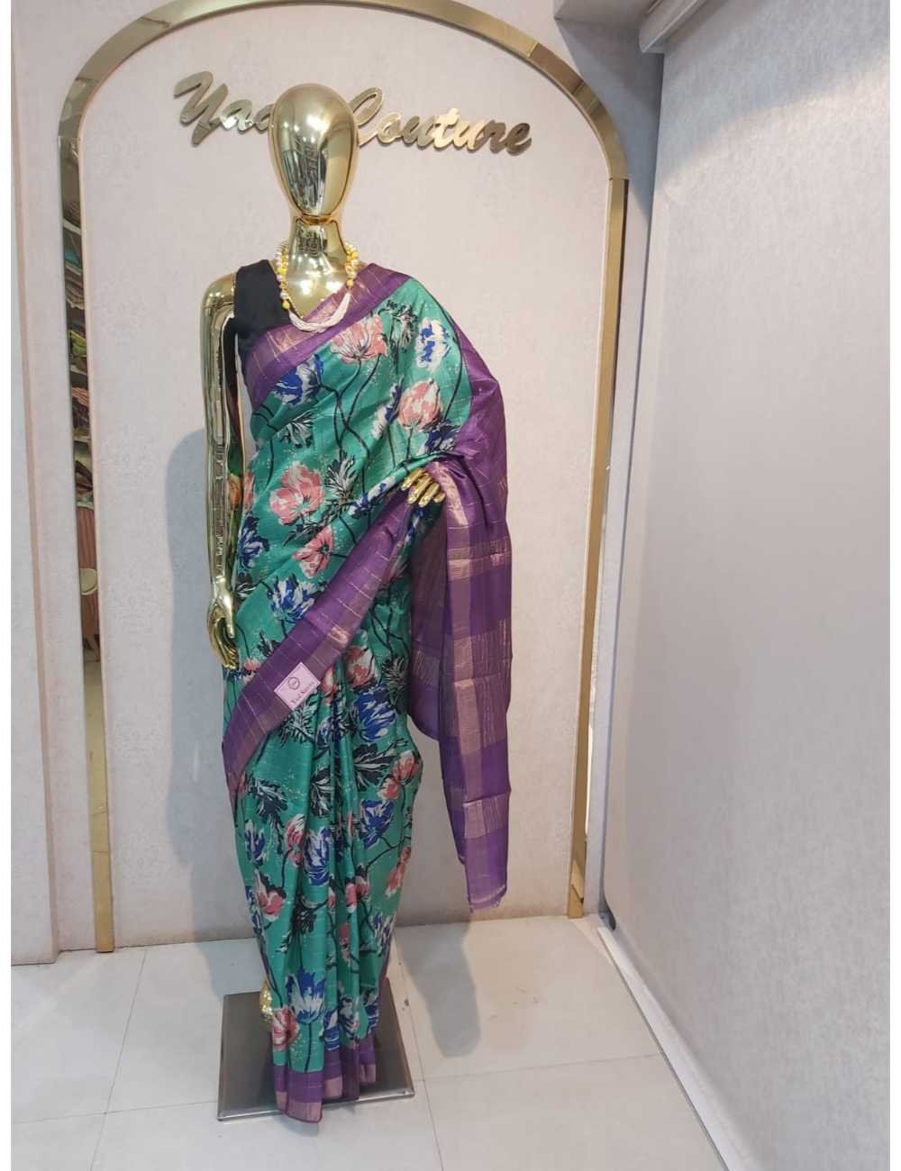 Cool Green Floral Print Tassar with Purple Zari Border