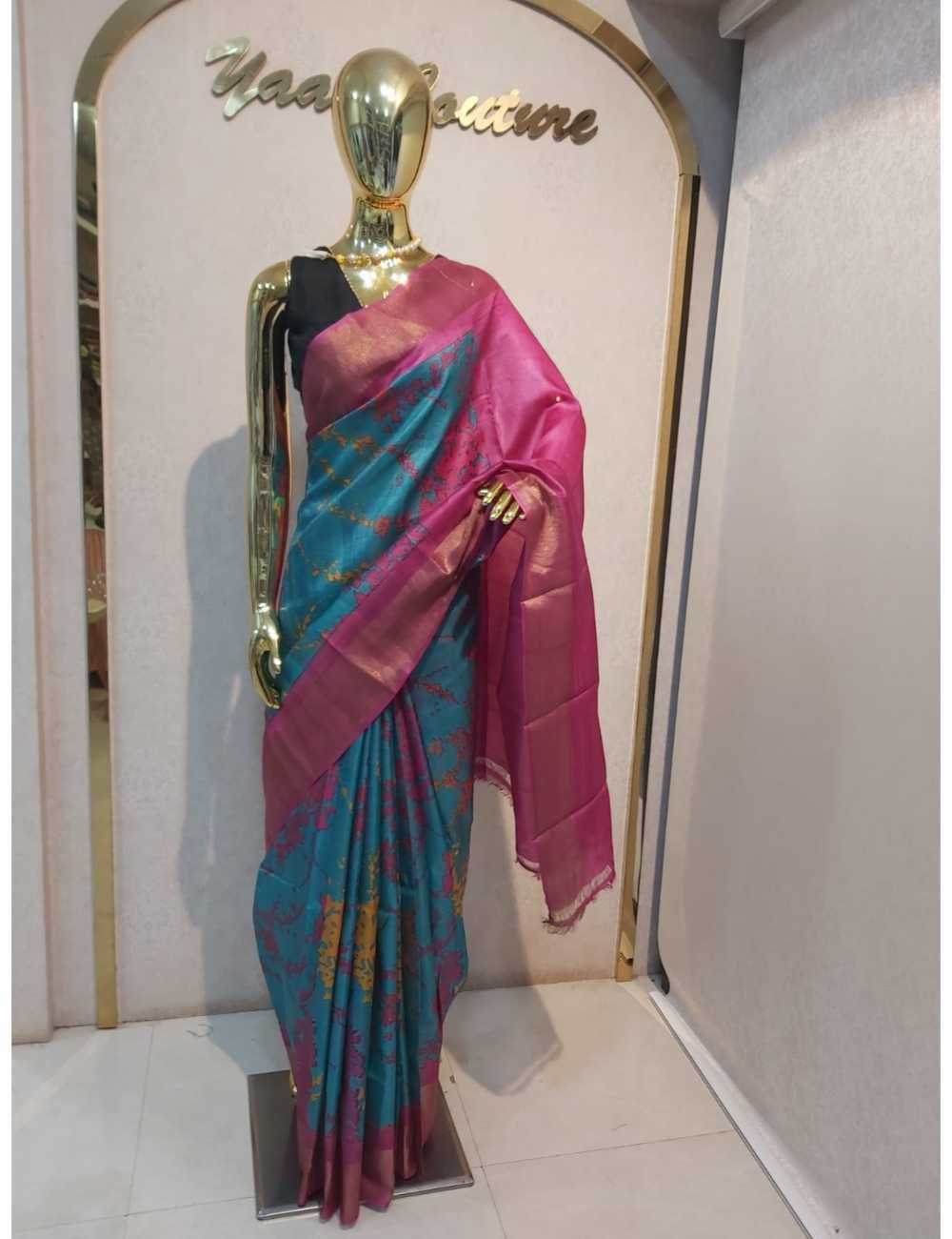 Turquoise Blue Printed Tassar with Pink Zari Border