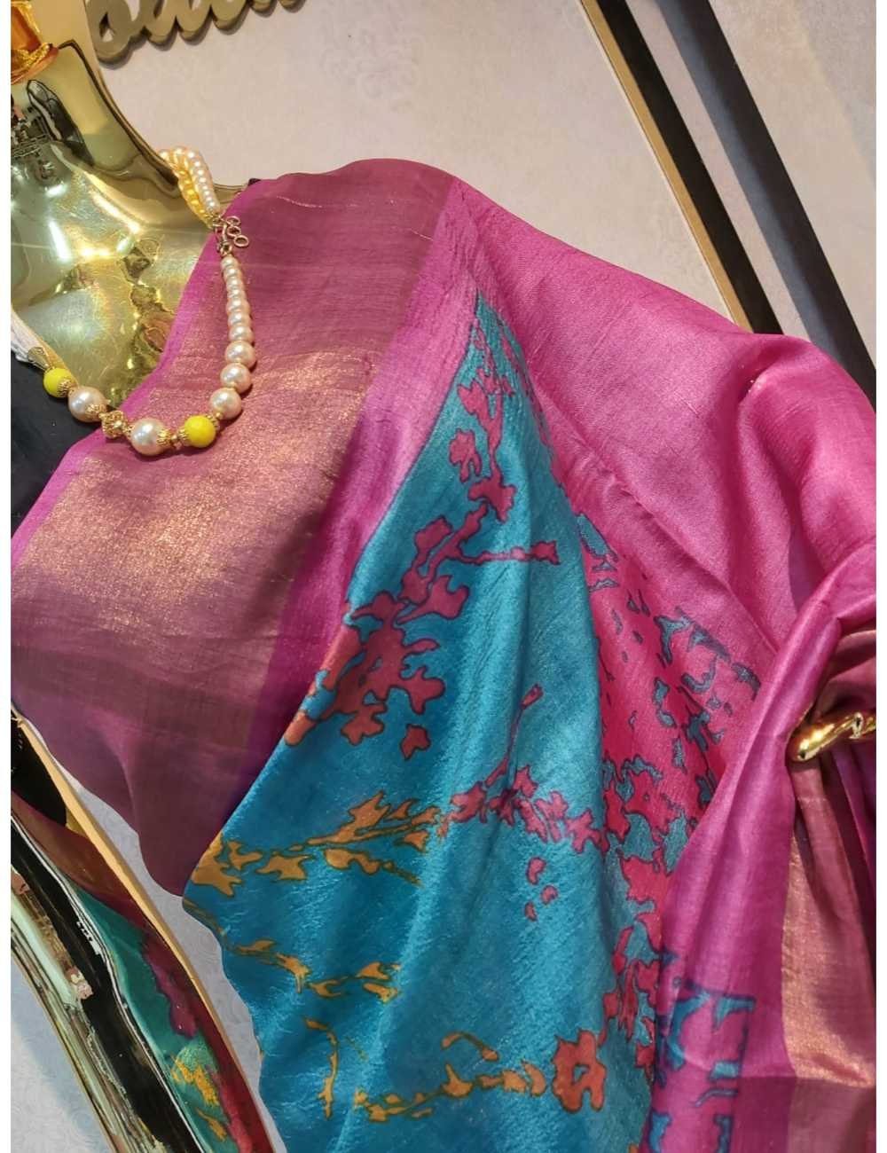 Turquoise Blue Printed Tassar with Pink Zari Border