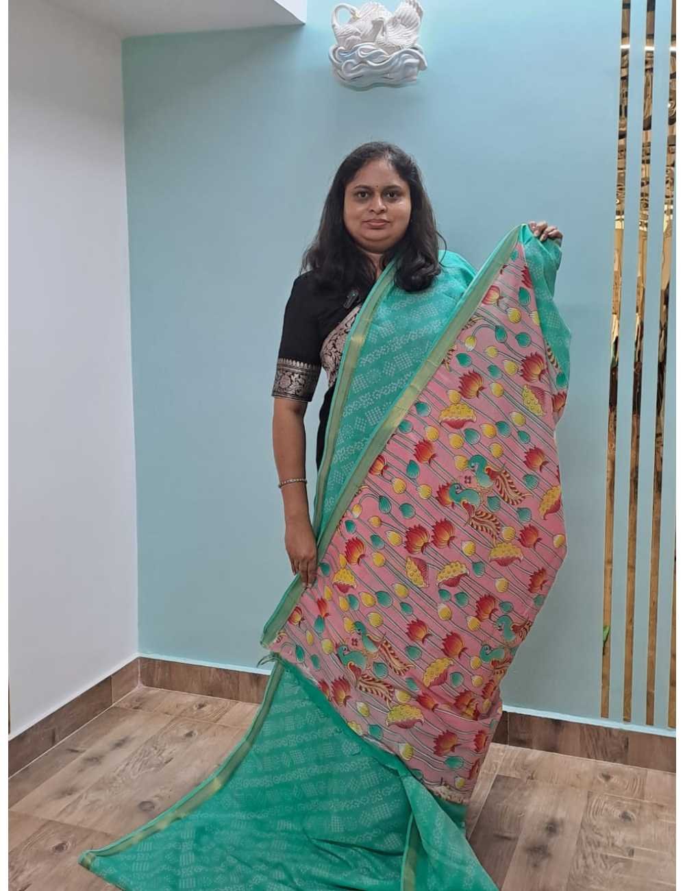Teal Green Mangalgiri Bandhini & Kalamkari Print