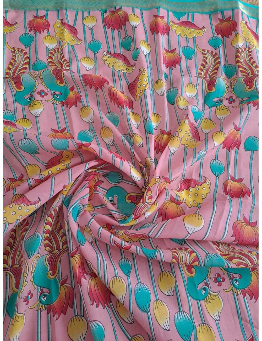 Teal Green Mangalgiri Bandhini & Kalamkari Print