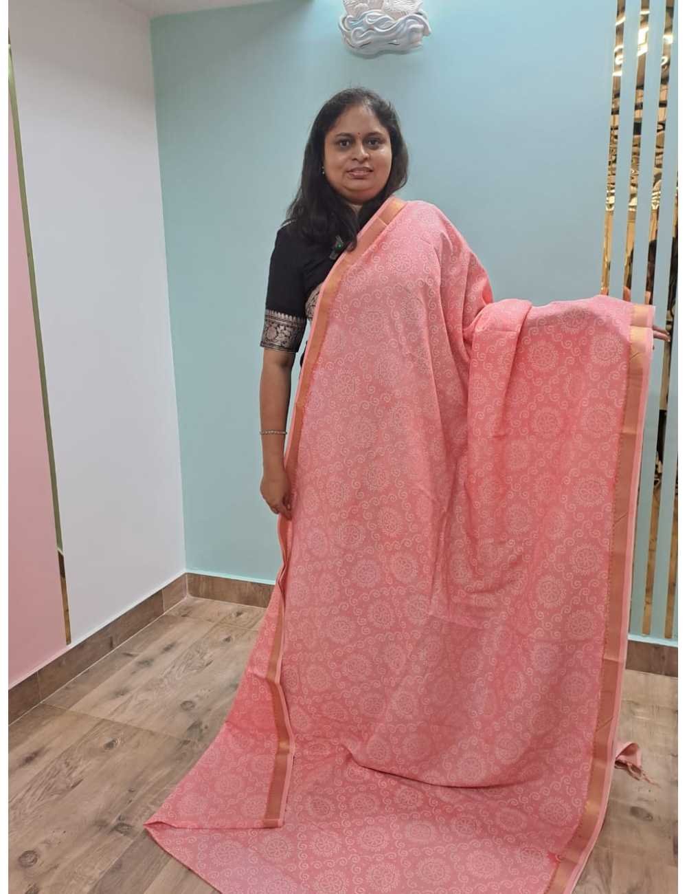 Peach  Mangalgiri With Bandhini & Kalamkari Print