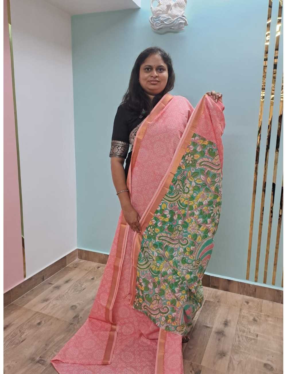 Peach  Mangalgiri With Bandhini & Kalamkari Print