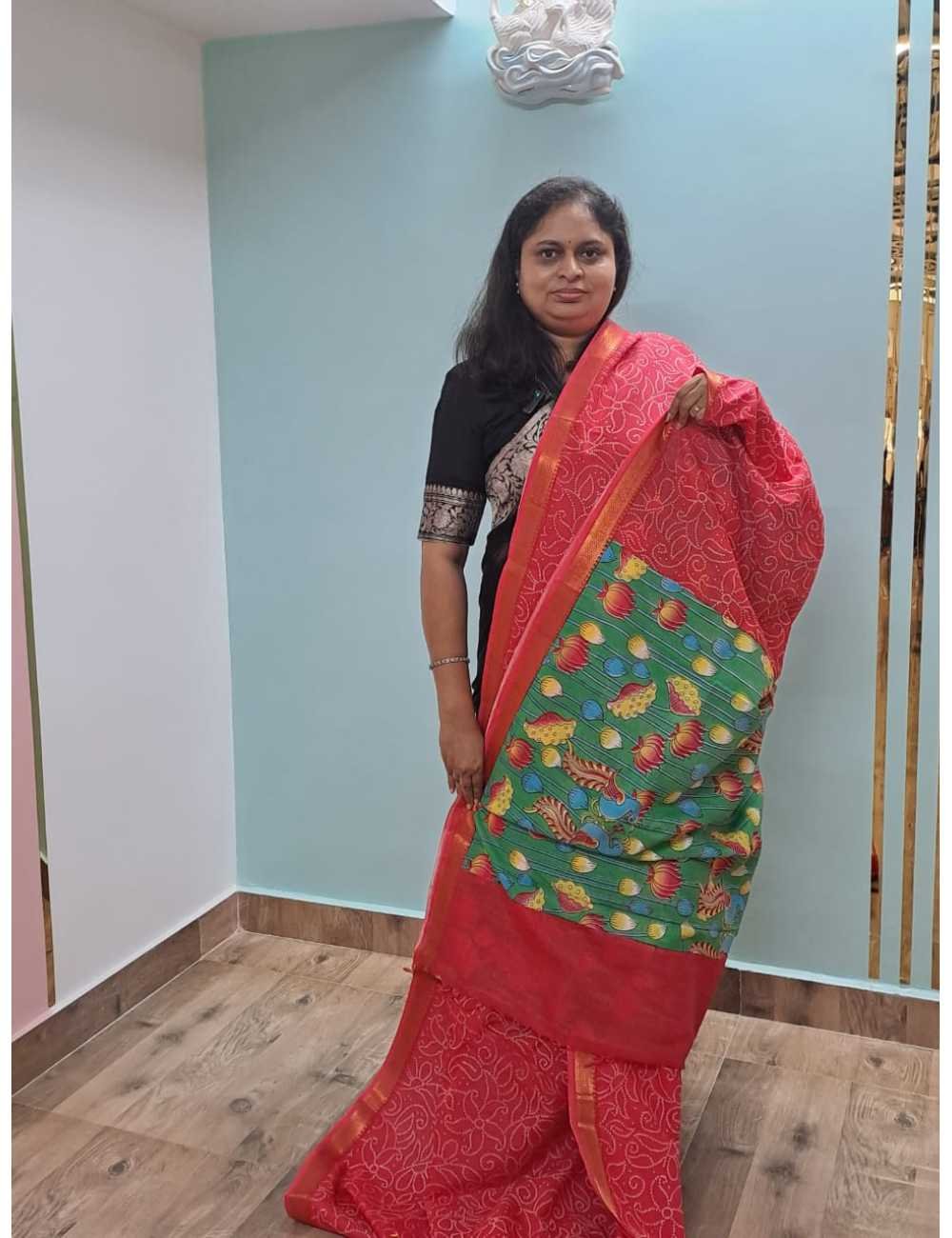 Red Mangalgiri Bandhini & Kalamkari Print