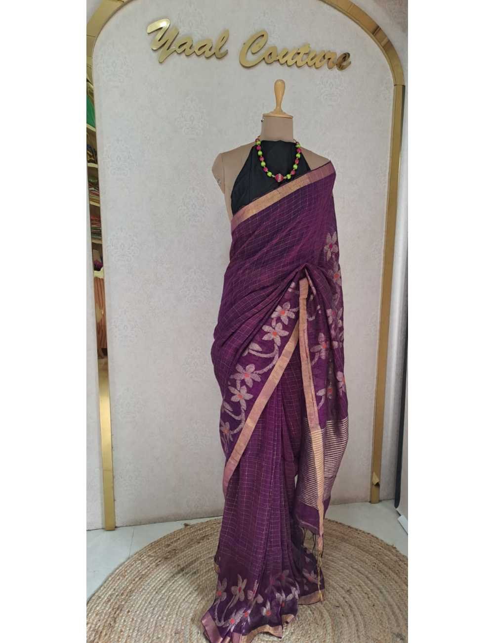 Purple Linen Saree with Gold Zari