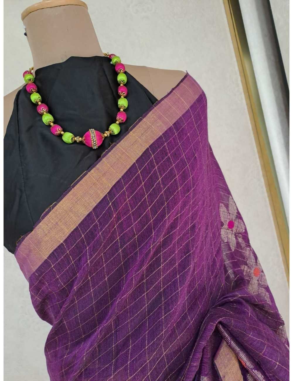 Purple Linen Saree with Gold Zari