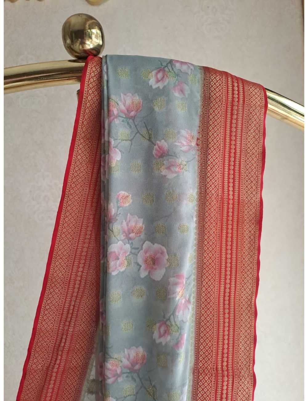 Semi Mysore Crepe Powder Blue & Red