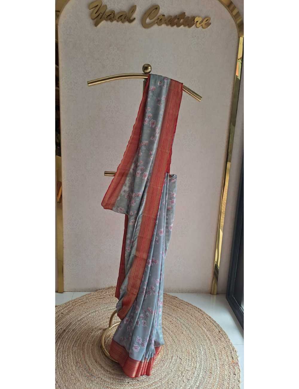 Semi Mysore Crepe Powder Blue & Red