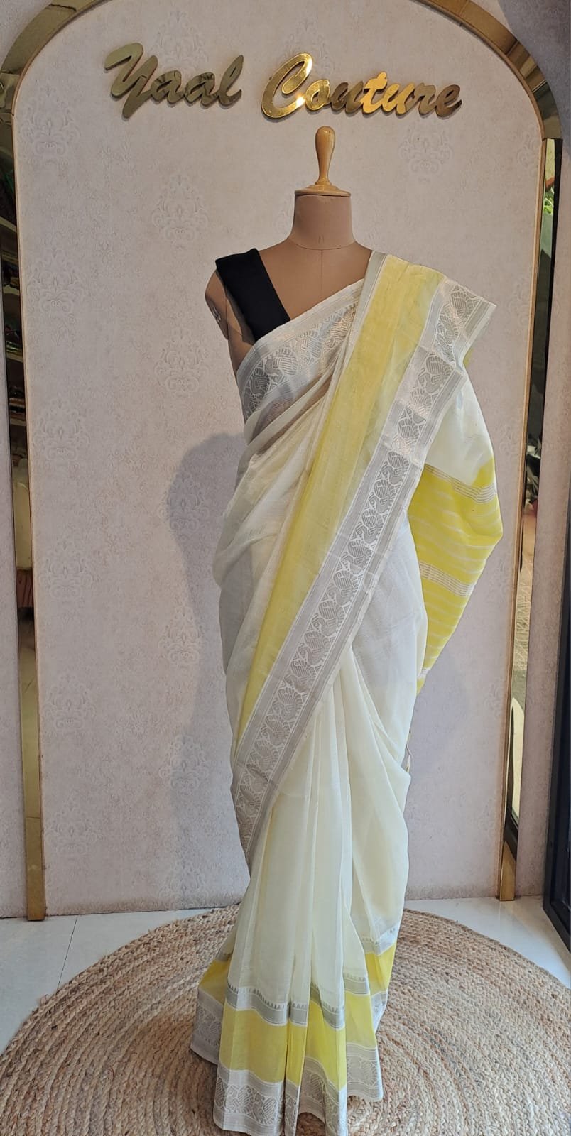Half white and yellow Mangalagiri handloom Saree