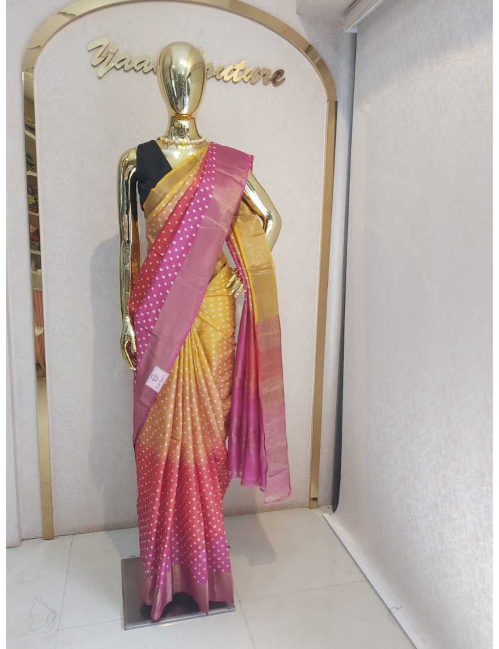 Multicolor Tassar hand block print with Pink Border