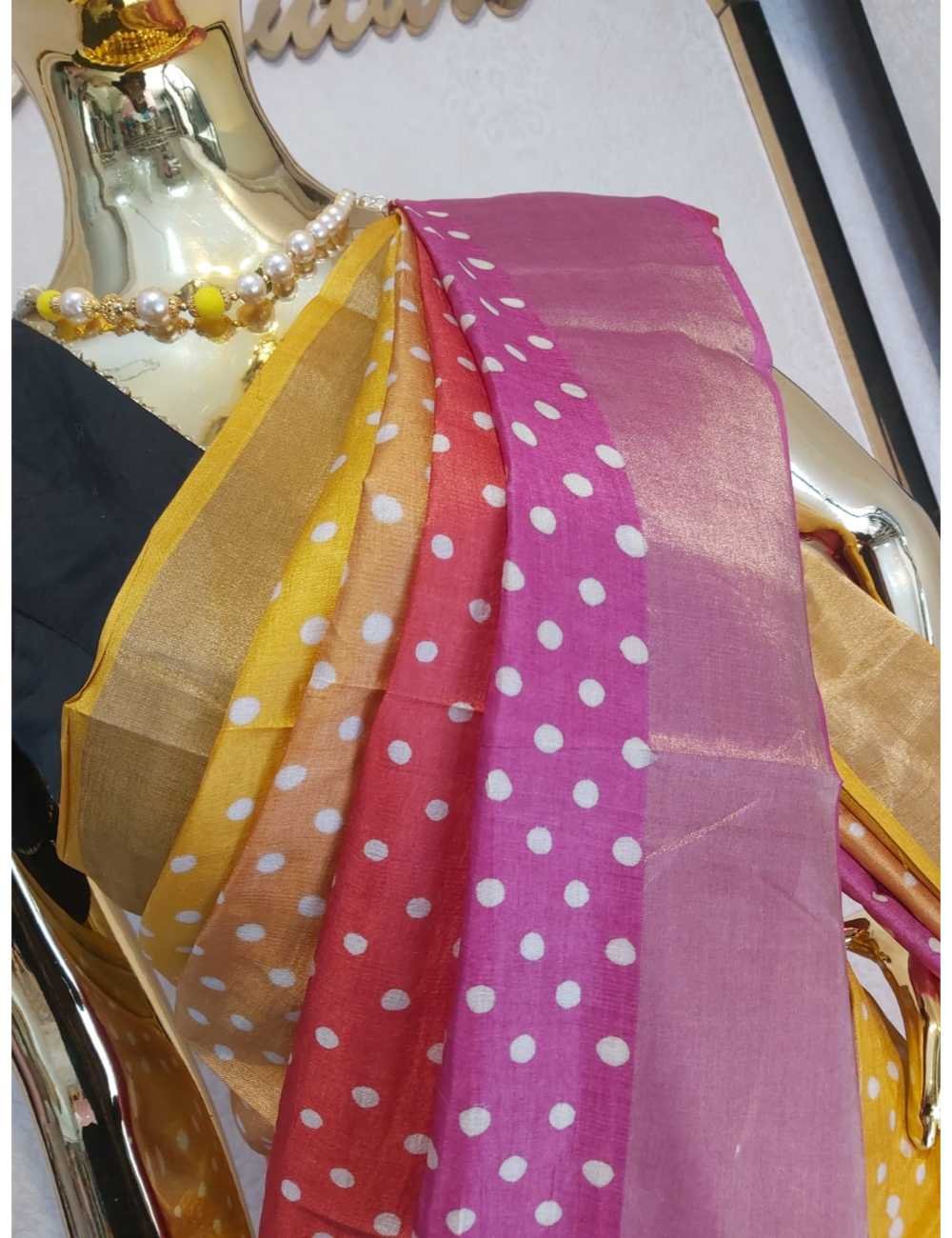 Multicolor Tassar hand block print with Pink Border