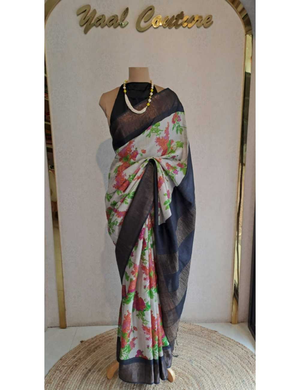 Beige Tassar Hand Block Print with Black Border