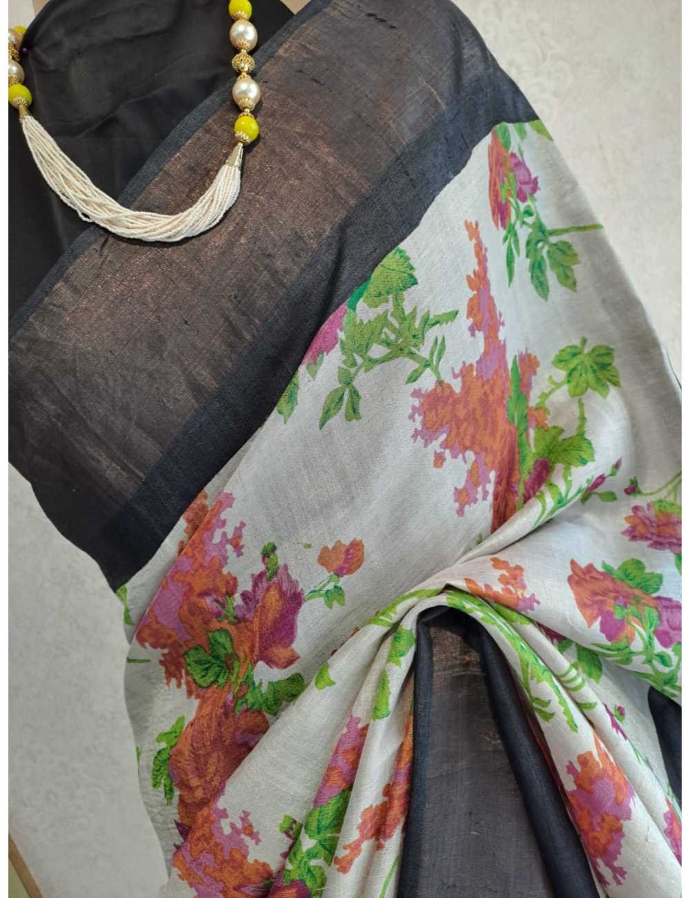 Beige Tassar Hand Block Print with Black Border